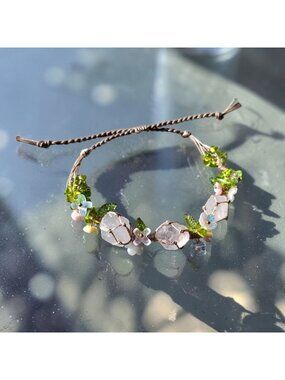 Rose Quartz Crystal Bracelet Floral Gemstone Jewelry Adjustable Cord Fairycore